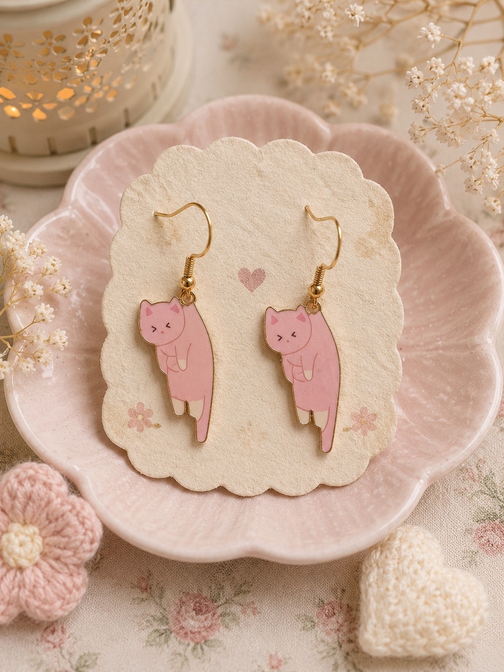 Pink Kawaii Cat Dangle Earrings – Gold Tone New